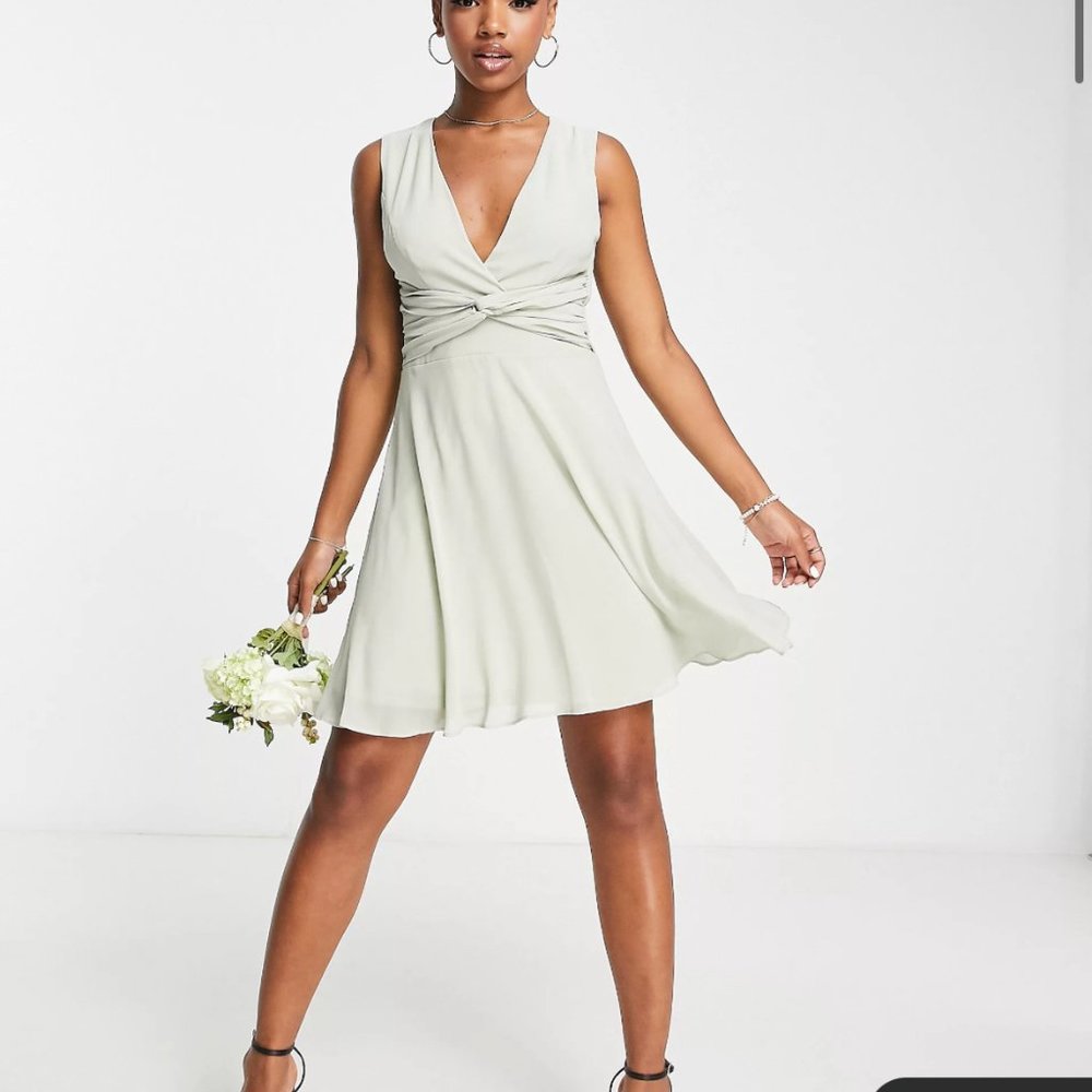 TFNC Bridesmaid flare mini dress in sage green SIZE 8